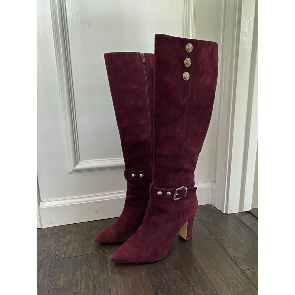 EUC White House Black Market Burgundy Suede Military Inspired Knee Boots 9